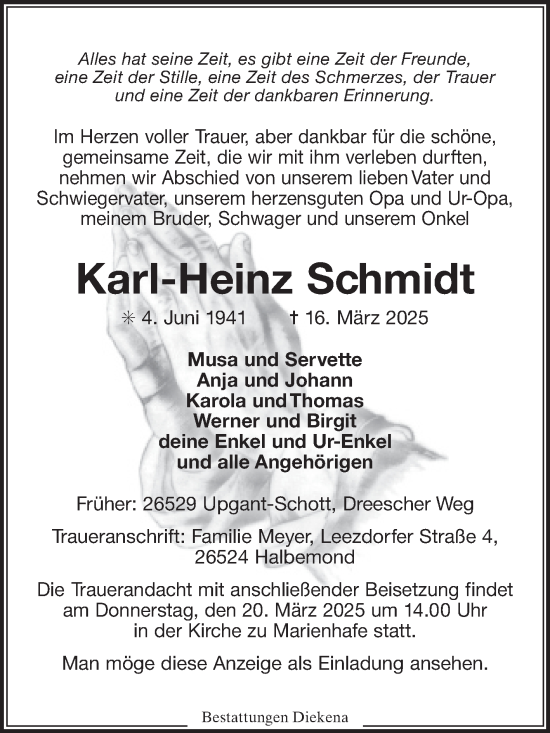 Traueranzeige von Karl-Heinz Schmidt von Ostfriesischer Kurier