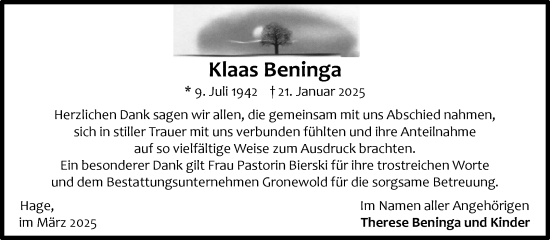 Traueranzeige von Klaas Beninga von Ostfriesischer Kurier