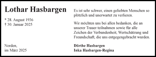 Traueranzeige von Lothar Hasbargen von Ostfriesischer Kurier