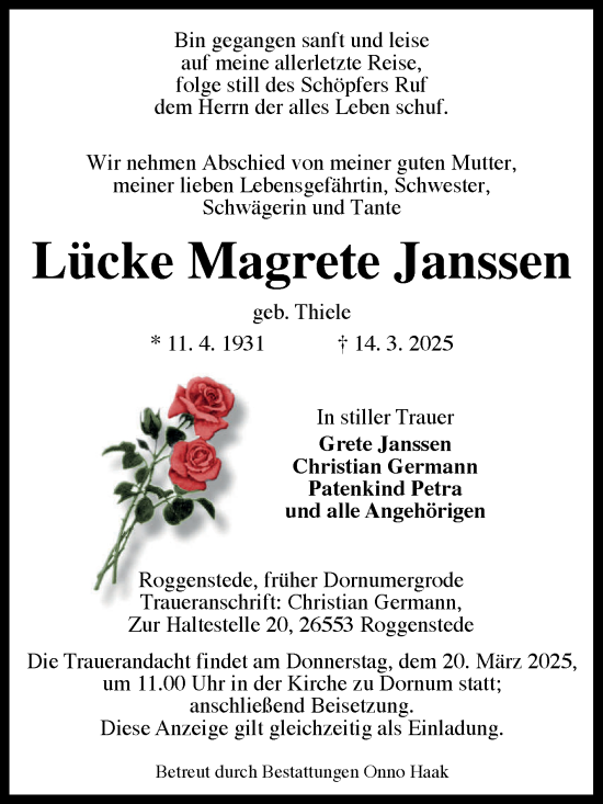Traueranzeige von Magrete Janssen von Ostfriesischer Kurier