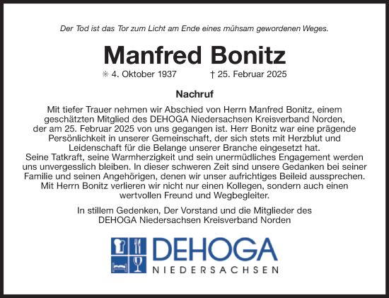 Traueranzeige von Manfred Bonitz von Ostfriesischer Kurier