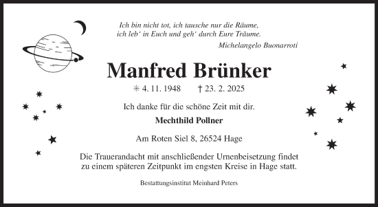 Traueranzeige von Manfred Brünker von Ostfriesischer Kurier