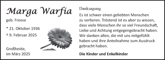 Traueranzeige von Marga Warfia von Ostfriesischer Kurier