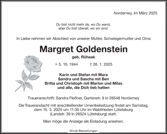 Traueranzeige von Margret Goldenstein von Ostfriesischer Kurier