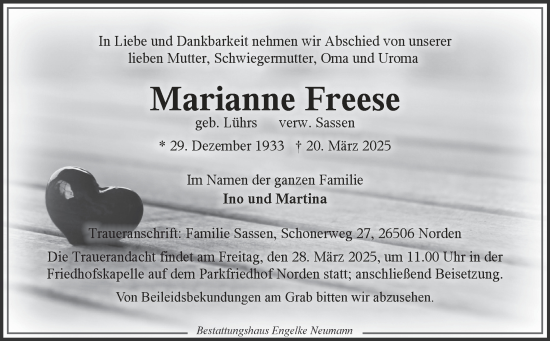 Traueranzeige von Marianne Freese von Ostfriesischer Kurier