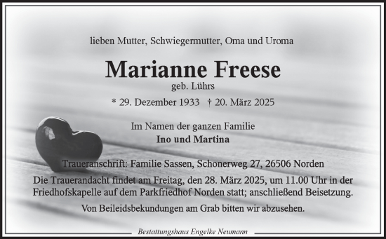 Traueranzeige von Marianne Freese von Ostfriesischer Kurier