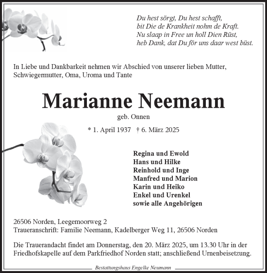 Traueranzeige von Marianne Neemann von Ostfriesischer Kurier