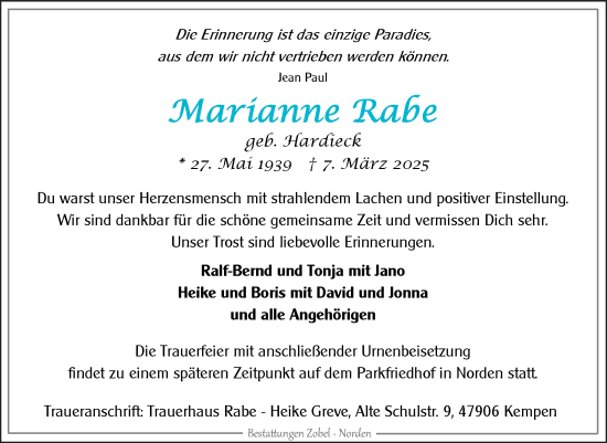 Traueranzeige von Marianne Rabe von Ostfriesischer Kurier