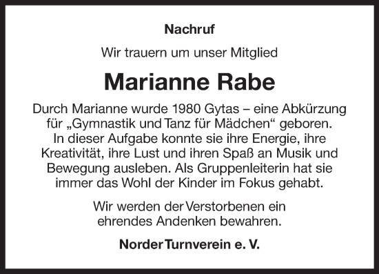Traueranzeige von Marianne Rabe von Ostfriesischer Kurier