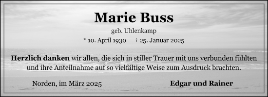 Traueranzeige von Marie Buss von Ostfriesischer Kurier