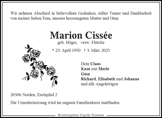 Traueranzeige von Marion Cissee von Ostfriesischer Kurier