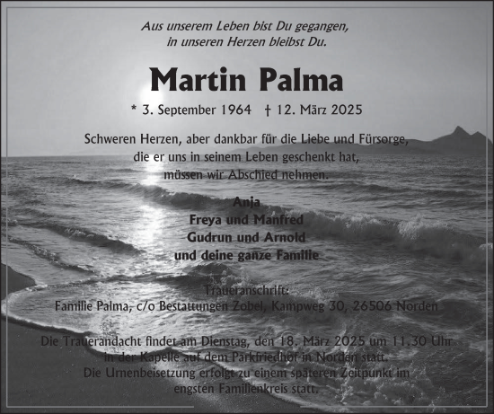 Traueranzeige von Martin Palma von Ostfriesischer Kurier