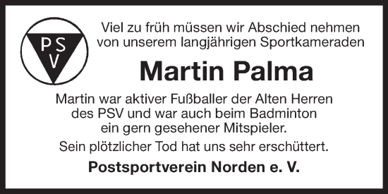 Traueranzeige von Martin Palma von Ostfriesischer Kurier