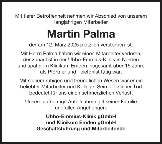 Traueranzeige von Martin Palma von Ostfriesischer Kurier