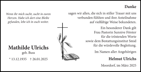 Traueranzeige von Mathilde Ulrichs von Ostfriesischer Kurier