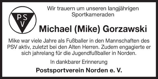Traueranzeige von Michael Gorzawski von Ostfriesischer Kurier