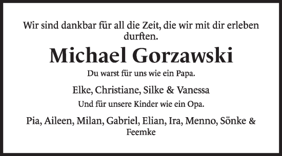 Traueranzeige von Michael Gorzawski von Ostfriesischer Kurier