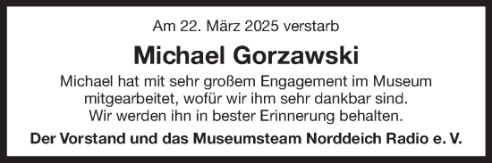 Traueranzeige von Michael Gorzawski von Ostfriesischer Kurier