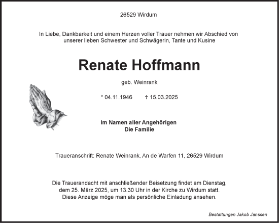 Traueranzeige von Renate Hoffmann von Ostfriesischer Kurier