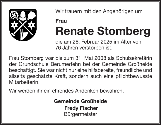 Traueranzeige von Renate Stomberg von Ostfriesischer Kurier