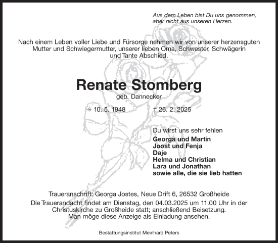 Traueranzeige von Renate Stomberg von Ostfriesischer Kurier