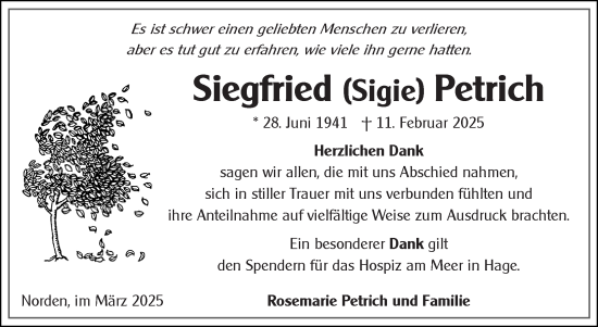 Traueranzeige von Siegfried Petrich von Ostfriesischer Kurier