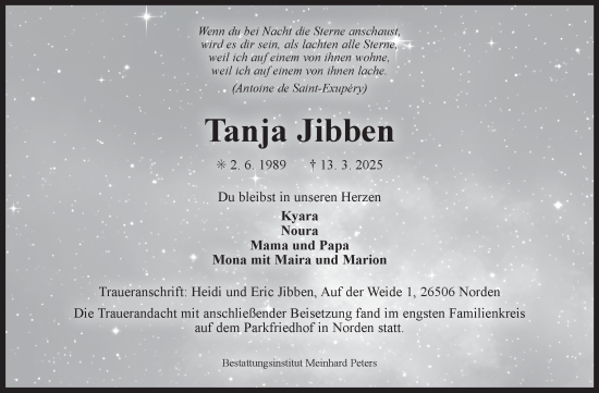 Traueranzeige von Tanja Jibben von Ostfriesischer Kurier