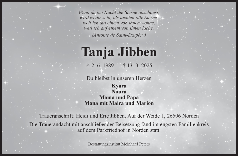  Traueranzeige für Tanja Jibben vom 22.03.2025 aus Ostfriesischer Kurier