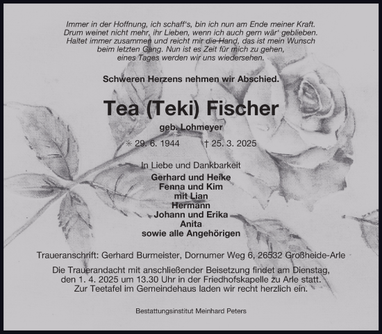 Traueranzeige von Tea Fischer von Ostfriesischer Kurier