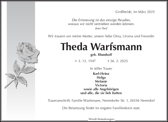 Traueranzeige von Theda Warfsmann von Ostfriesischer Kurier