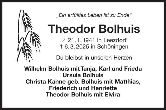 Traueranzeige von Theodor Bolhuis von Ostfriesischer Kurier