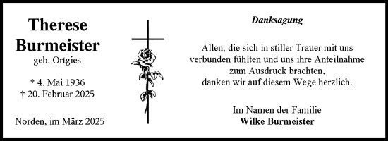 Traueranzeige von Therese Burmeister von Ostfriesischer Kurier