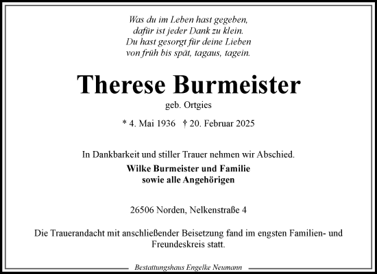 Traueranzeige von Therese Burmeister von Ostfriesischer Kurier