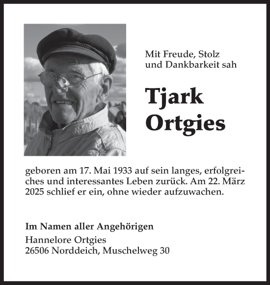 Traueranzeige von Tjark Ortgies von Ostfriesischer Kurier