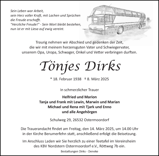 Traueranzeige von Tönjes Dirks von Ostfriesischer Kurier
