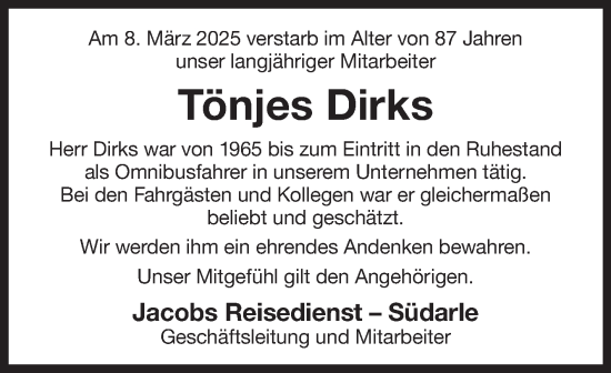 Traueranzeige von Tönjes Dirks von Ostfriesischer Kurier