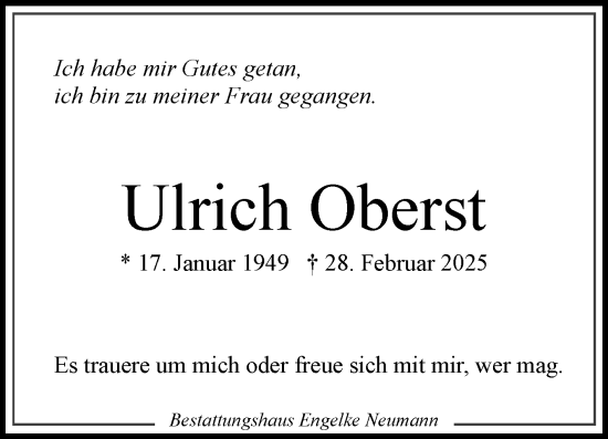 Traueranzeige von Ulrich Oberst von Ostfriesischer Kurier