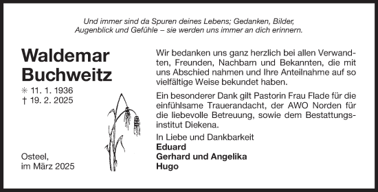 Traueranzeige von Waldemar Buchweitz von Ostfriesischer Kurier