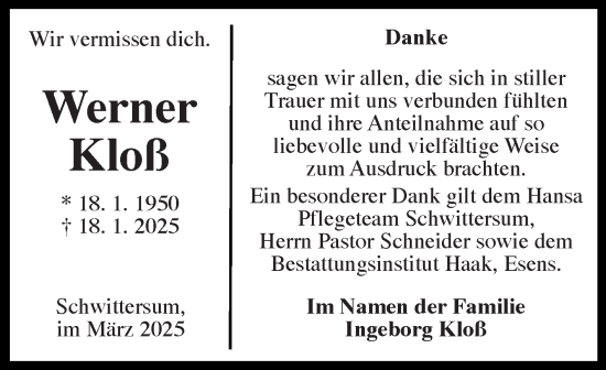 Traueranzeige von Werner Kloß von Ostfriesischer Kurier