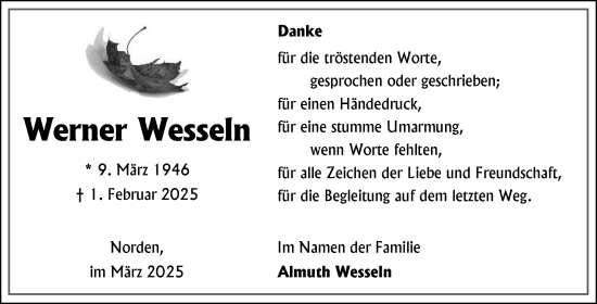 Traueranzeige von Werner Wesseln von Ostfriesischer Kurier
