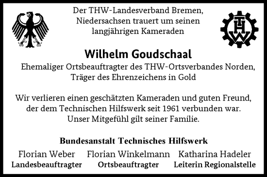 Traueranzeige von Wilhelm Goudschaal von Ostfriesischer Kurier