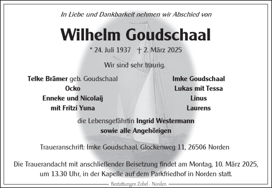 Traueranzeige von Wilhelm Goudschaal von Ostfriesischer Kurier
