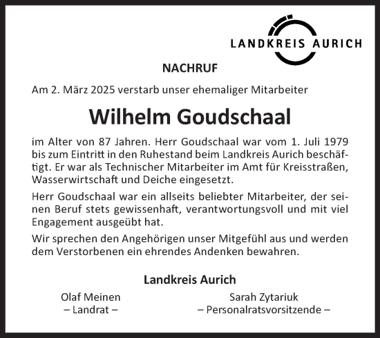Traueranzeige von Wilhelm Goudschaal von Ostfriesischer Kurier