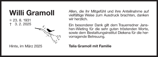 Traueranzeige von Willi Gramoll von Ostfriesischer Kurier