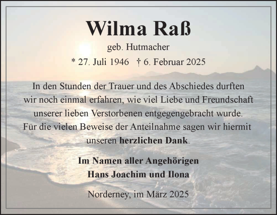 Traueranzeige von Wilma Raß von Ostfriesischer Kurier