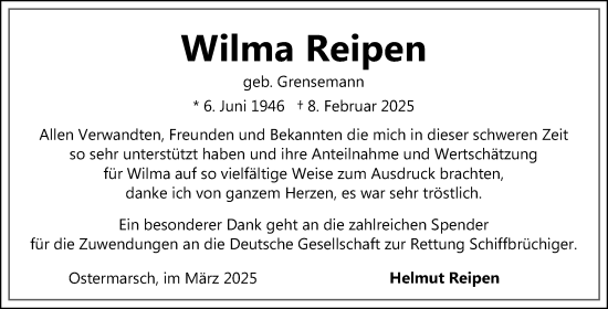 Traueranzeige von Wilma Reipen von Ostfriesischer Kurier