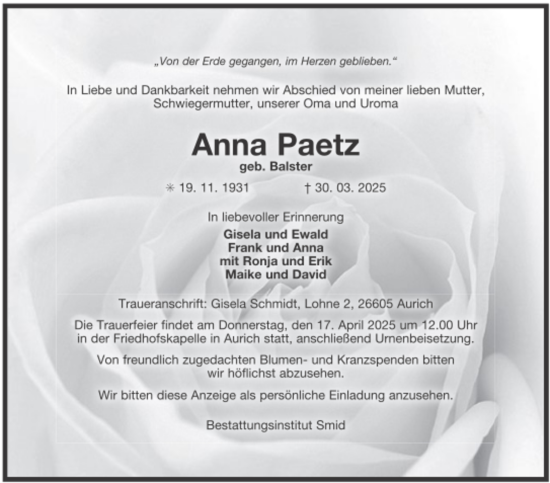 Traueranzeige von Anna Paetz 