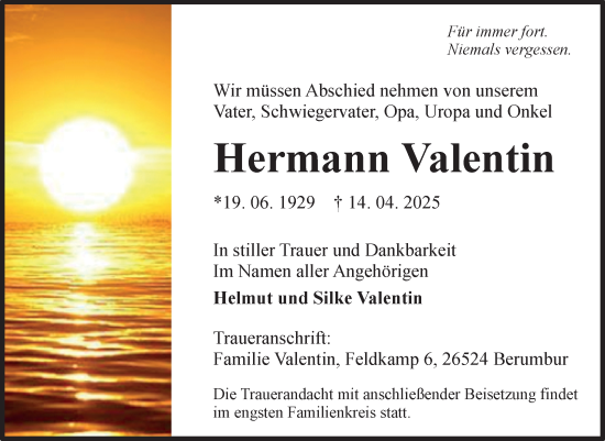 Traueranzeige von Hermann Valentin von Ostfriesischer Kurier