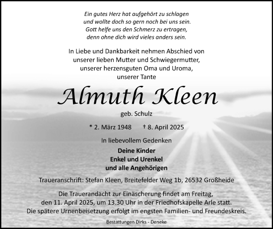 Traueranzeige von Almuth Kleen von Ostfriesischer Kurier