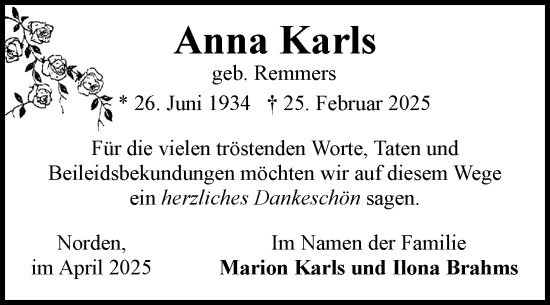 Traueranzeige von Anna Karls von Ostfriesischer Kurier